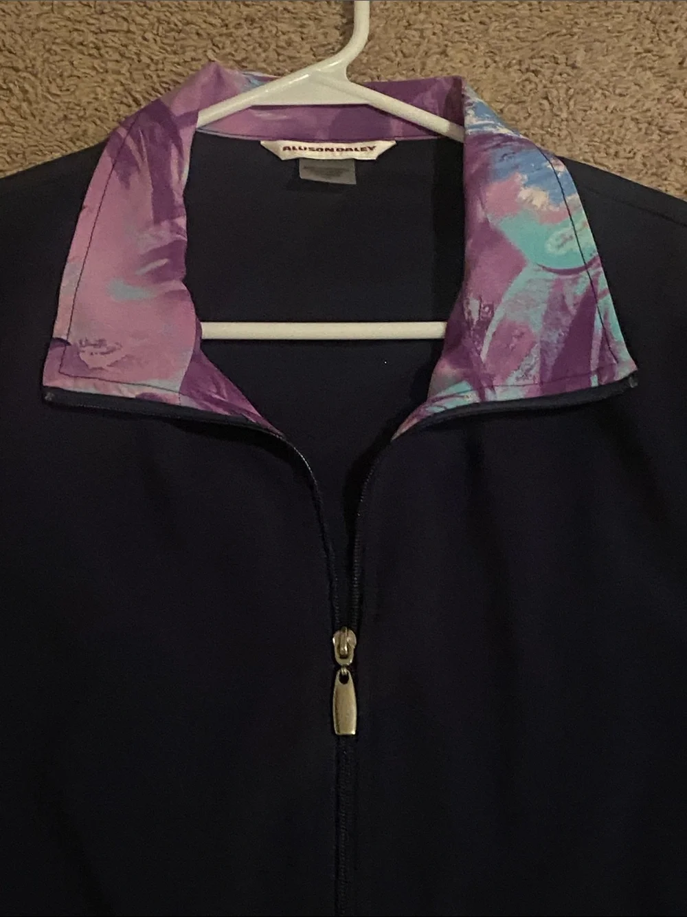 Allison Daley Navy Zip Jacket with Purple Print Trim
